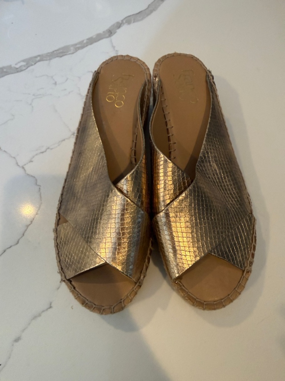 Franco Sarto Metallic Gold Crisscross Espadrille Mules wedge sandals